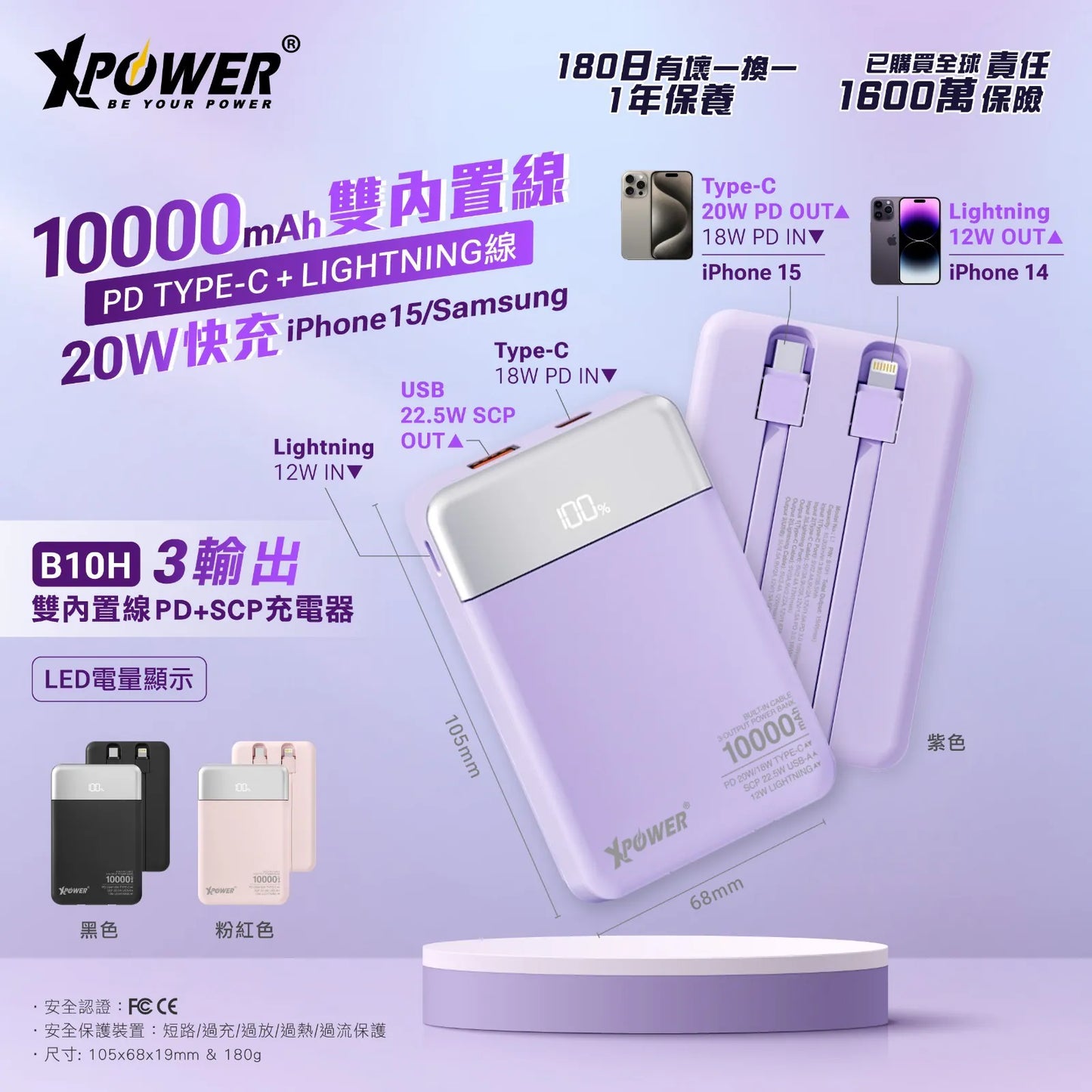 XPower B10H 3輸出雙內置線Type-C PD/Lightning 10000mAh PD+SCP充電器