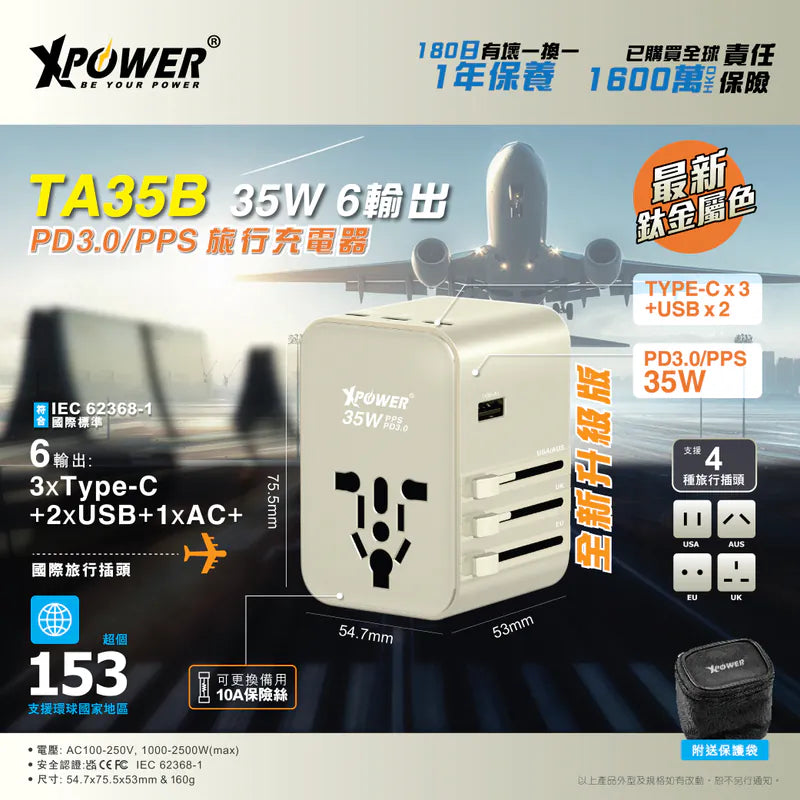 XPower TA35B 35W 6輸出 PD 3.0/PPS旅行充電器